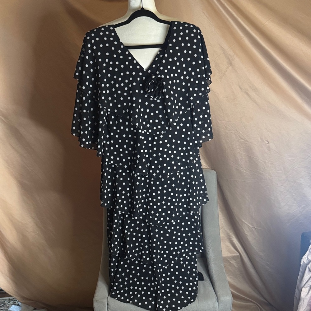 Nili Richard’s  Polka Dot Midi Dress with Tiered Ruffle Sleeves - Black/White